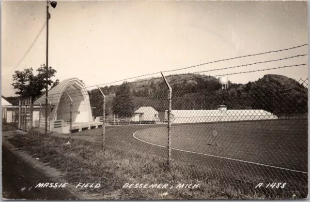 c1940s BESSEMER, Michigan RPPC Real Photo Postcard "MASSIE FIELD" Track View