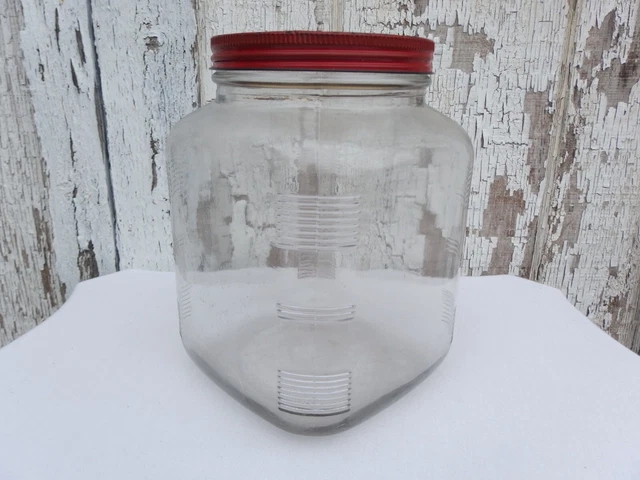 Vintage HOOSIER CABINET SQUARE  RIBBED 1 GAL GLASS JAR  RED METAL LID EUC Marked
