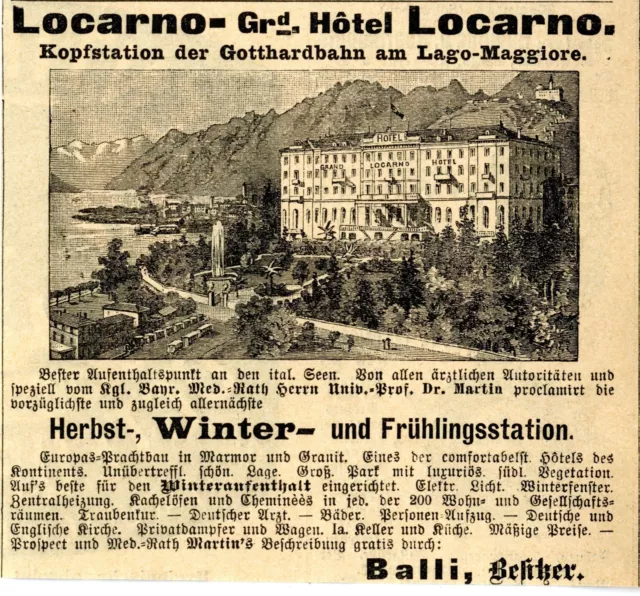 Besitzer Balli Locarno HOTEL LOCARNO Historische Reklame von 1895