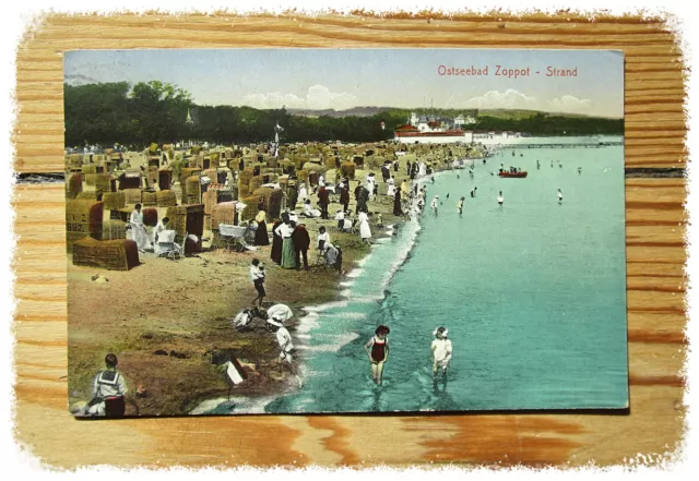 Antike AK Ostseebad Zoppot bei Danzig - Der Strand um 1914 - Sopot Pommern  !