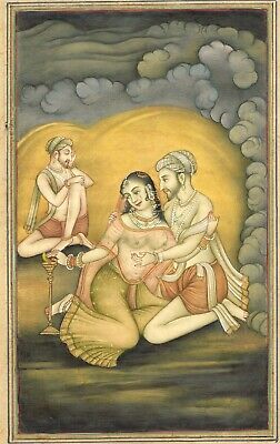 Indien Miniature Ancien Peinture De Moghol Empereur Romance Avec His Reine En 3