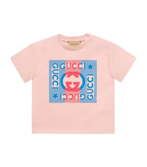 T-shirt Ganuine GUCCI KIDS 6-9 mesi logo vintage con stelle rosa prezzo di riserva £155