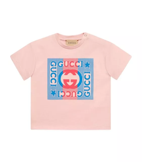 T-shirt Ganuine GUCCI KIDS 6-9 mesi logo vintage con stelle rosa prezzo di riserva £155