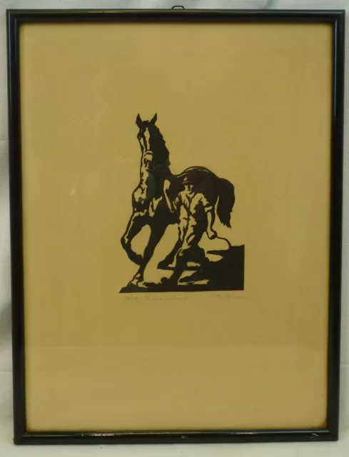 (H799) Original Scherenschnitt "Mann mit Pferd" K. Grimm
