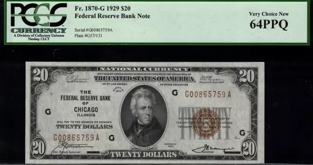 1929 $20 Federal Reserve Bank Note - Chicago - FR.1870-G - Graded PCGS 64PPQ