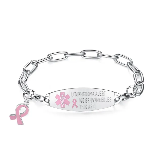 Medical ID Silver Stainless Pink Ribbon Charm Link Lymphedema No BP IV Bracelet