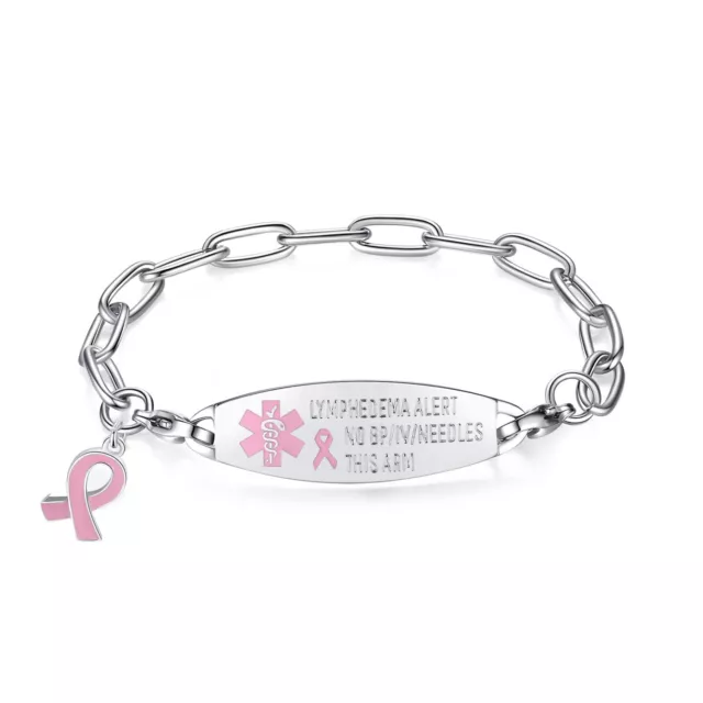 Medical ID Silver Stainless Pink Ribbon Charm Link Lymphedema No BP IV Bracelet
