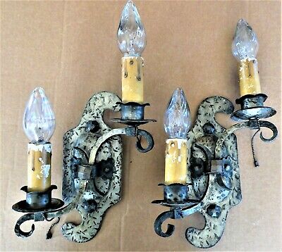 Pair of Double-Armed Arts & Crafts Wall Sconces Hammered Steel