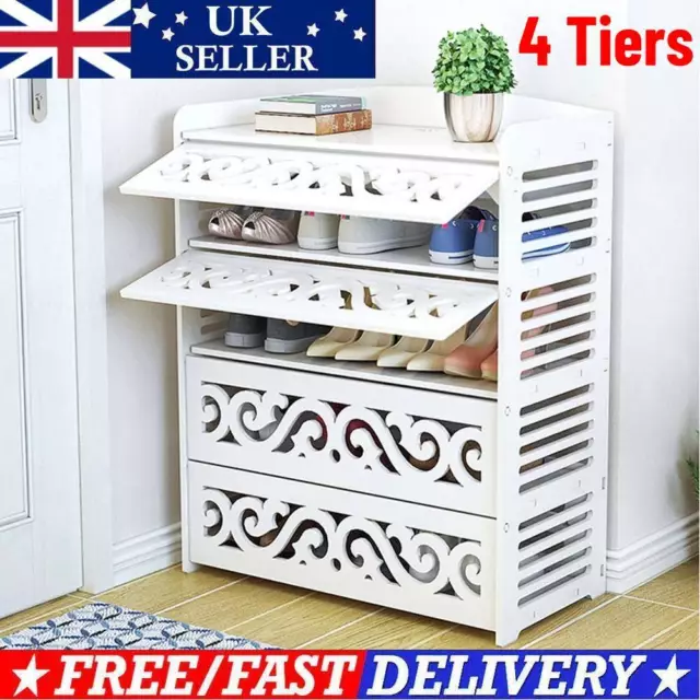 4 Shelves Shoe Cabinet Storage Cupboard Footwear Stand Rack Wooden Unit White UK