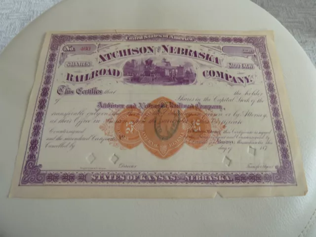 1870's Railroad Stock Certificate - Atchison and Nebraska Railroad Company  #460