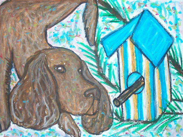 AMERICAN WATER SPANIEL with Birdhouse Dog Art 8.5 x 11 Signed Print Artist KSams