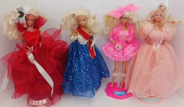 Lot of 4 Dressed Mattel Barbie Dolls & Outfits Vintage Christmas, Birthday