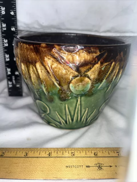 Vintage Art Pottery Blended Majolica Brown Green Jardiniere Sun Planter 5X6”