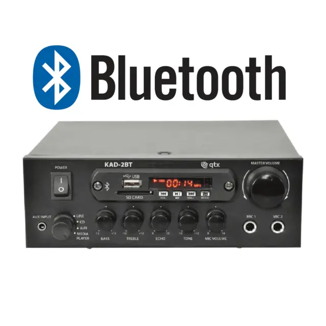 QTX Bluetooth HiFi Stereo Amplifier 2 x 55W FM USB Aux Mic Desktop Mini Amp