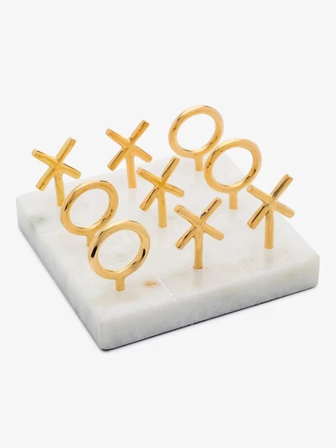 JONATHAN ADLER Gold-Tone Brass & White Marble Tic-Tac-Toe Set One Size NEW