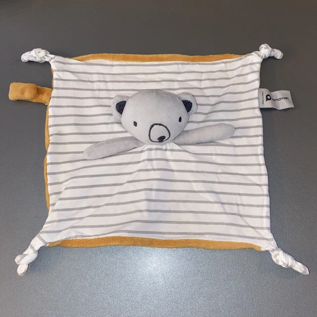 Doudou Plat Orchestra Prémaman Ours Gris Blanc Rayé Jaune  Attache-tétine