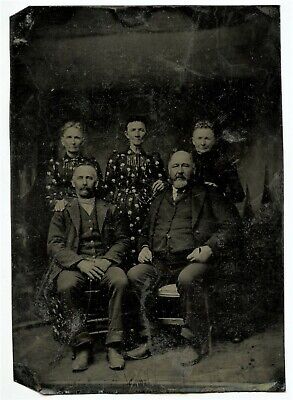Men in 3 piece suits. Women in matching dresses , Large Vintage Tintype Photo