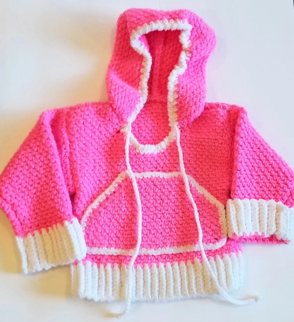 Vtg Hand Knitted Crochet Baby Infant Toddler Pink Pullover Sweater Hoodie Hood
