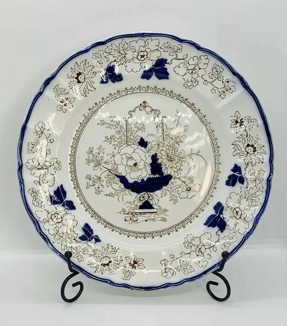 Antique MASON’S Dinner Plate - Flow Rare - Blue & Brown Brocade - 10.5” - 1920s