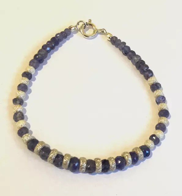 Tanzanite Rondelle Bead & Silver Bead 7.5" Bracelet with Sterling Silver Clasp