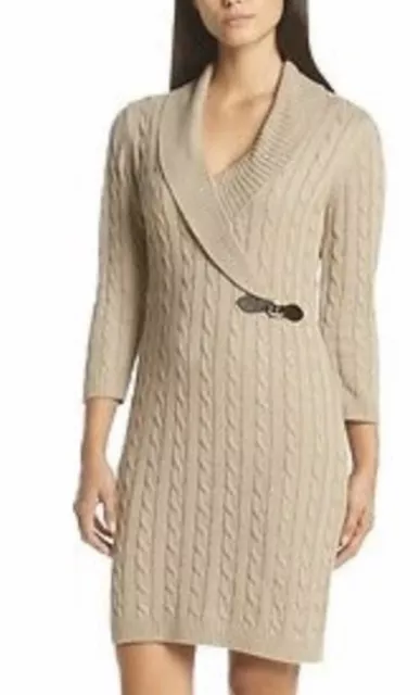 Calvin Klein Cable Knit Shawl Collar Dress Belt Accent Tan 3/4 sleeve Size LARGE