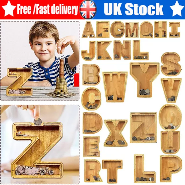 Wooden Piggy Bank Letter-Shaped Piggy Bank W/ DIY Sticker Money Box Kids Gift UK