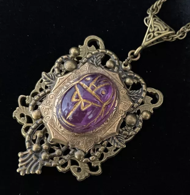 Egyptian Revival Necklace Scarab Amethyst Glass Pendant Art Nouveau Jewelry