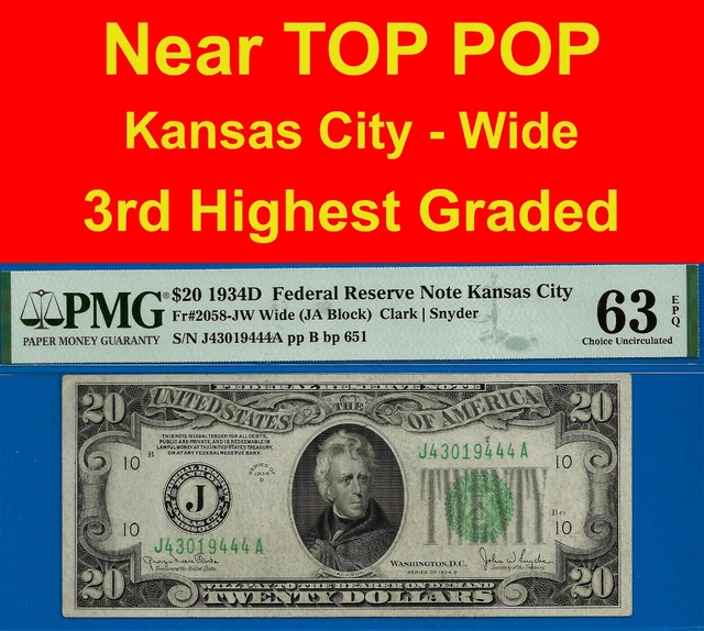 Near TOP POP ✅ 1934-D $20 FRN ➡️ 3rd Finest 🔴 Kansa City ⬅️ PMG 63EPQ # 9444