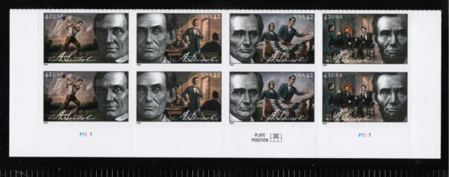US USA Sc#4383a MNH FVF Plaque # Bloc De 8 Abraham Lincoln 16th Président