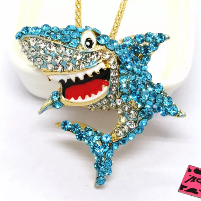 New Betsey Johnson Blue Cute Shark Bling Rhinestone Pendant Girls Necklace
