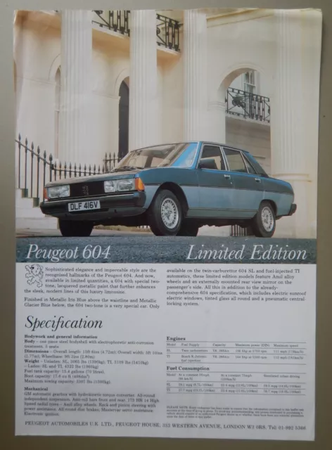 PEUGEOT 604 LIMITED EDITION orig 1979 1980 UK Mkt Sales Leaflet Brochure Ltd Edn