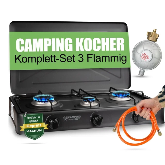 Gaskocher Trio inkl. Gasschlauch 1,5 m und Drucklager 30 mbar - 3 Kochfelder