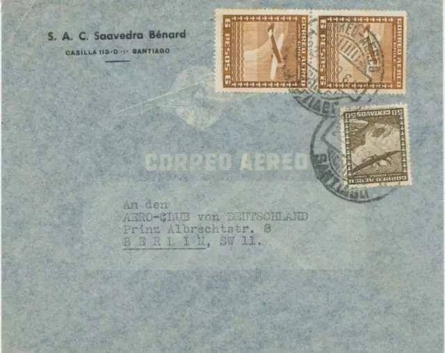 CHILE 1939 int. Flugpost-MiF 50 Cs und 6 Pesos dunkelbraun (Paar) Kabinett-Brief