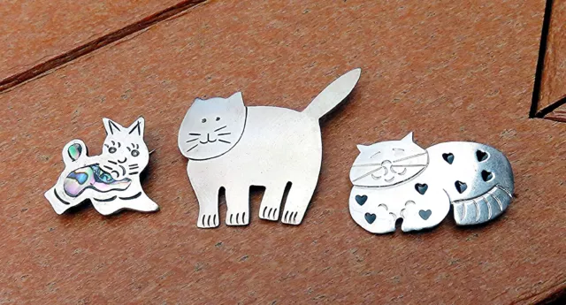 Lot 3 Vtg Kitty/Cat Sterling Silver 925 Brooches incl MELESIO RODRIGUEZ, TW=30g