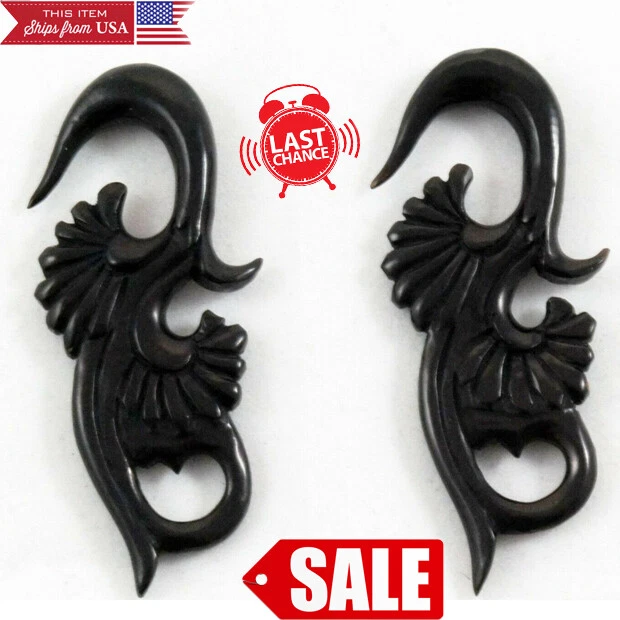 Black Horn Ear Plugs 6G - 1" Rose Lotus Blossom Floral Handcarved Organic Hanger