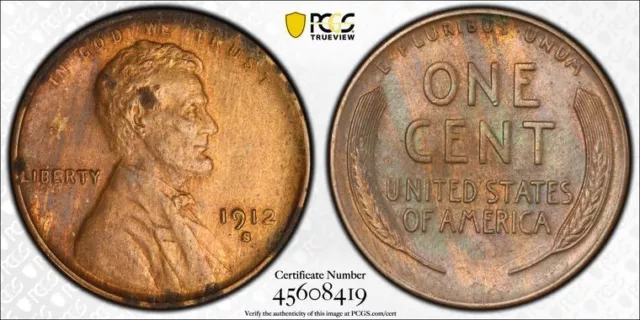 1912 S PCGS UNC Detail | Lincoln Wheat Penny Cent - 1c US Coin #41190A