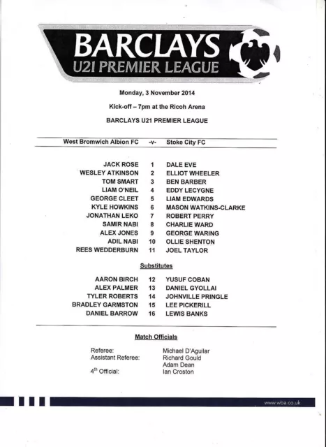 Teamsheet - West Bromwich Albion U21 v Stoke City U21 2014/15