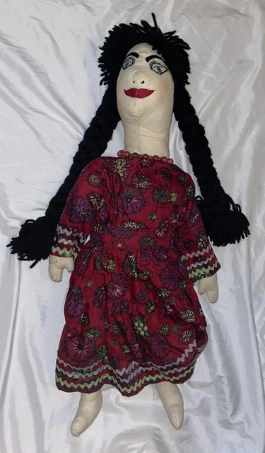 Stunning Vintage Mid-Century Hand Made Doll, black hair, blue eyes, red lips