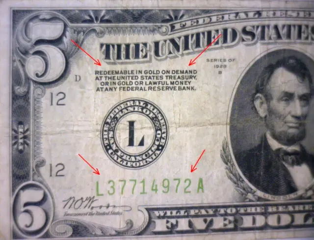 1928 B $5 Federal Reserve Note “REDEEMABLE IN GOLD”LIME GREEN SEAL & SERIAL #'s