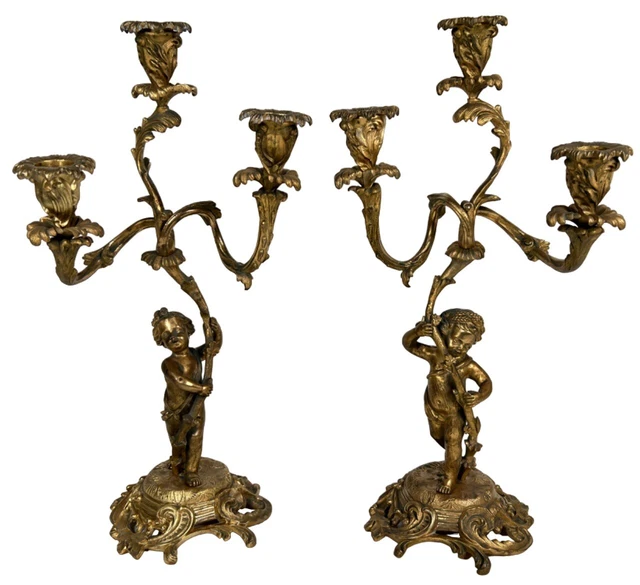 Pair French Louis XV Rococo Gilt Bronze Dore Ormolu Putti Candelabra Candlestick