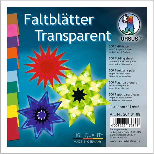 500 Blatt Ursus Faltblätter Transparent Farb Mix Origami Tiere Girlande 14x14cm