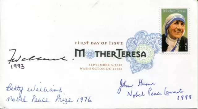 F. W. de Klerk Betty Williams John Hume Nobel Peace Prize Signed Autograph FDC