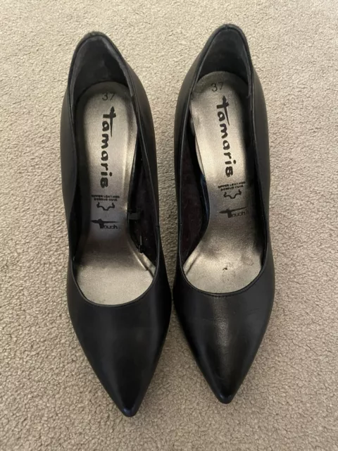 TAMARIS Genuine Black Leather Ladies Heeled Court Shoes Size 4Uk 37 worn Once