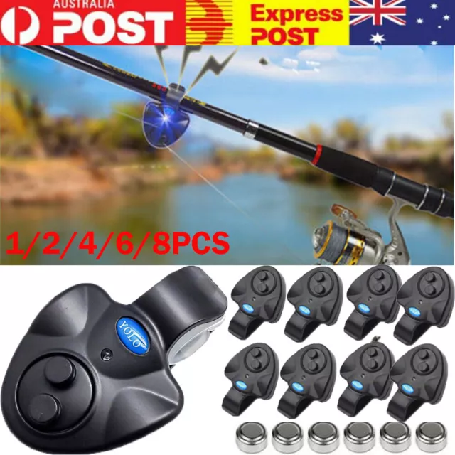 1-8X Electronic Fish Bite Sound Alarm LED Light Alert Bell Clip-On Fishing Rod