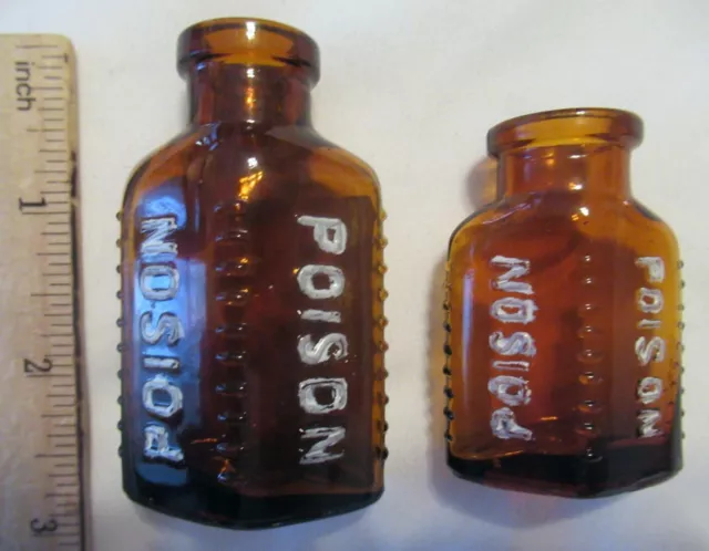 Pair Of Small Size Honey Amber Hobnailed Poison Bottle Lilly Label One Bid Buys