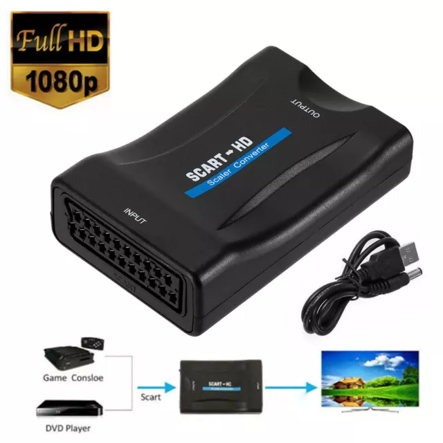 1080P HD SCART to HDMI Adapter Video Audio Upscale Converter USB Cable TV DVD