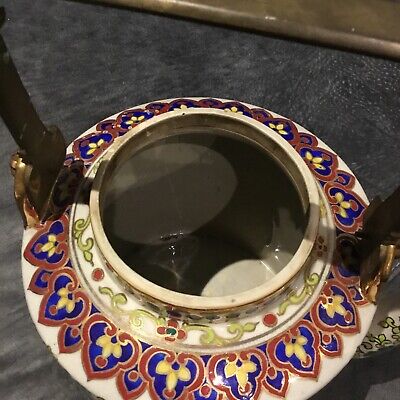 early 20th century chinese export 9 ins  colourful Teapot with brass handle 3