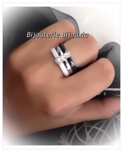 MAGNIFIQUE BAGUE C RAMIQUE Noir Blanc T60 Zirconium Argent 925