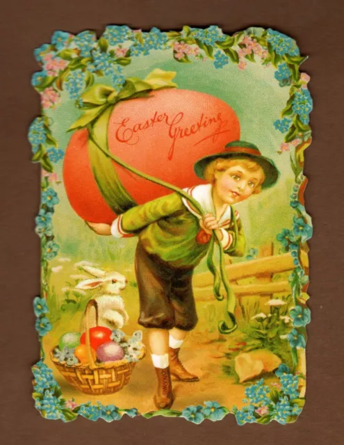 Punch Studio Ephemera Easter Card, Boy with Large Egg & Bunny Rabbit Die-Cut 5"