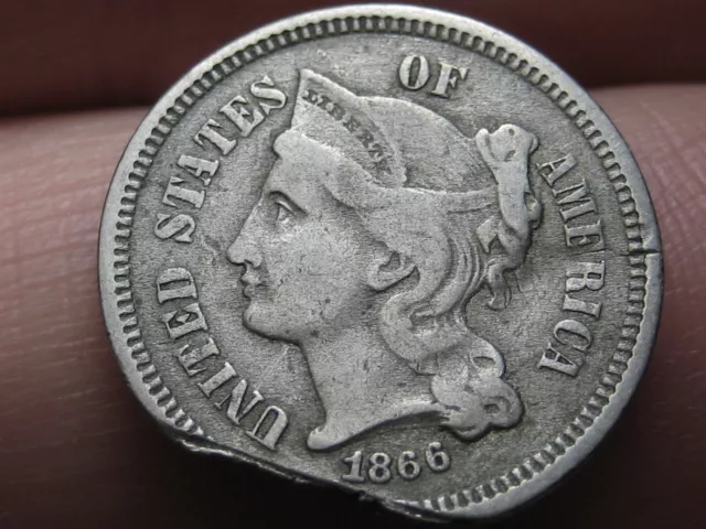 1866 Three 3 Cent Nickel- Fine Details, Clipped Planchet